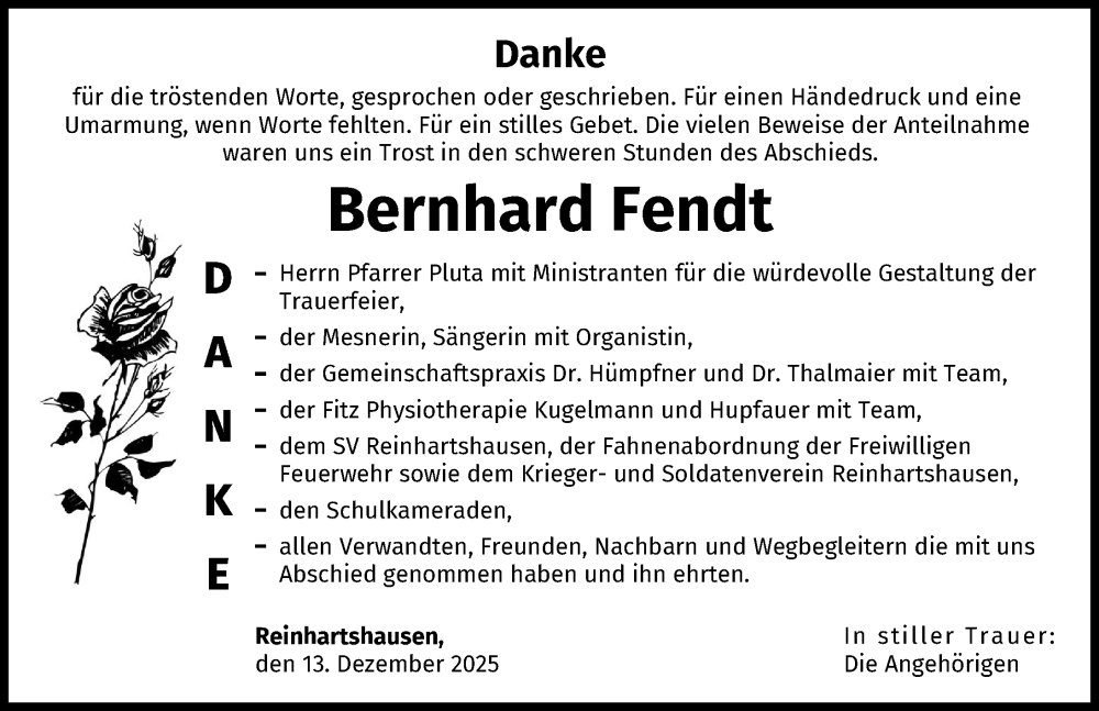 Traueranzeige von Bernhard Fendt von Schwabmünchner Allgemeine