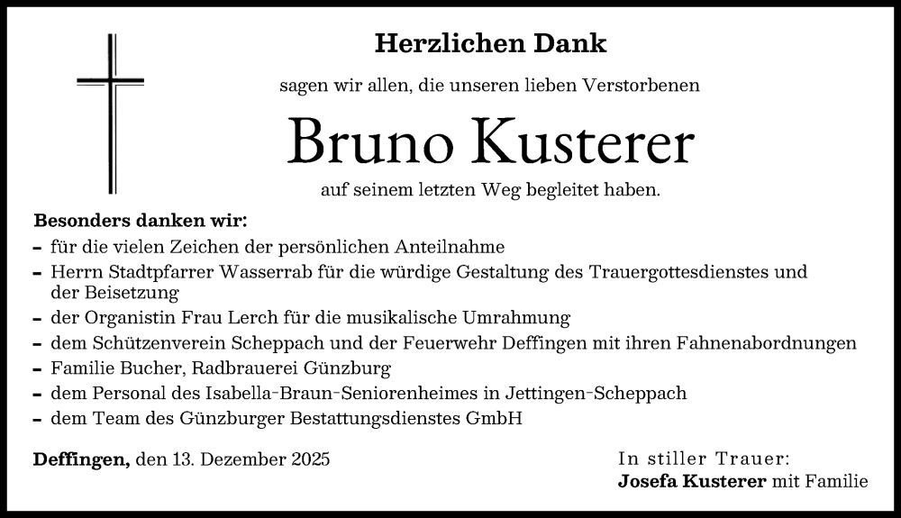  Traueranzeige für Bruno Kusterer vom 13.12.2025 aus Günzburger Zeitung