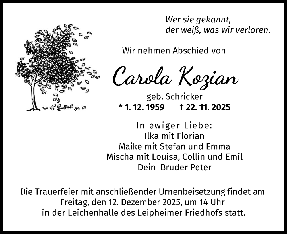 Traueranzeige für Carola Kozian vom 06.12.2025 aus Günzburger Zeitung