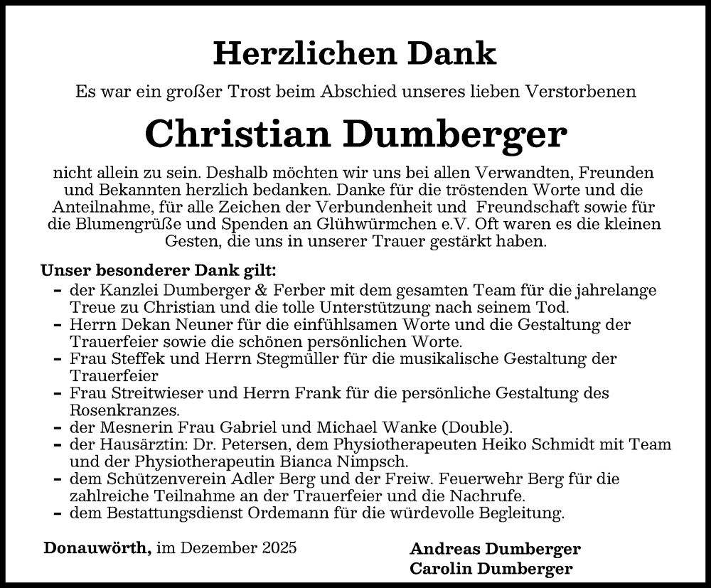  Traueranzeige für Christian Dumberger vom 30.12.2025 aus Donauwörther Zeitung