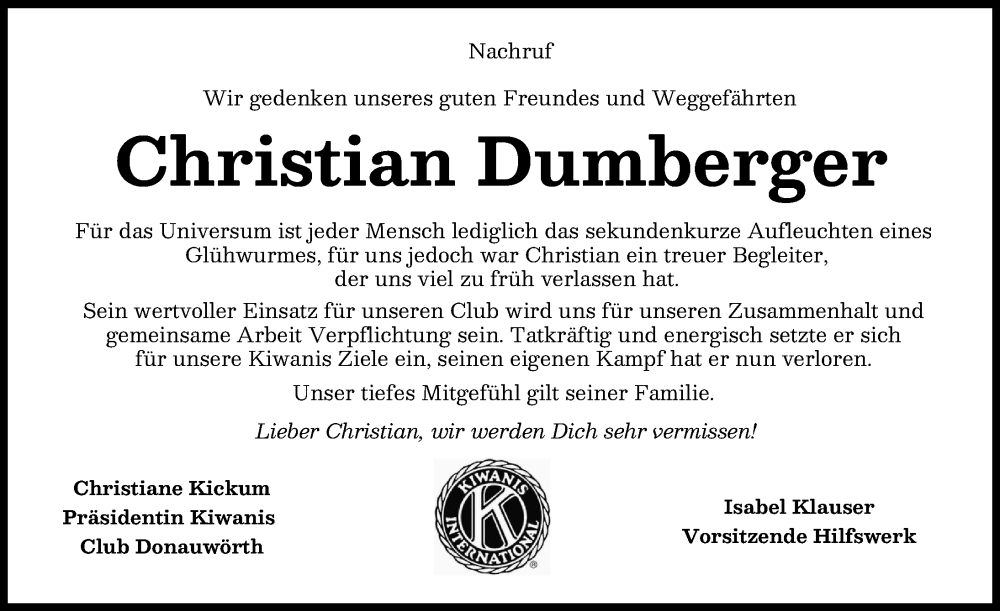  Traueranzeige für Christian Dumberger vom 10.12.2025 aus Donauwörther Zeitung