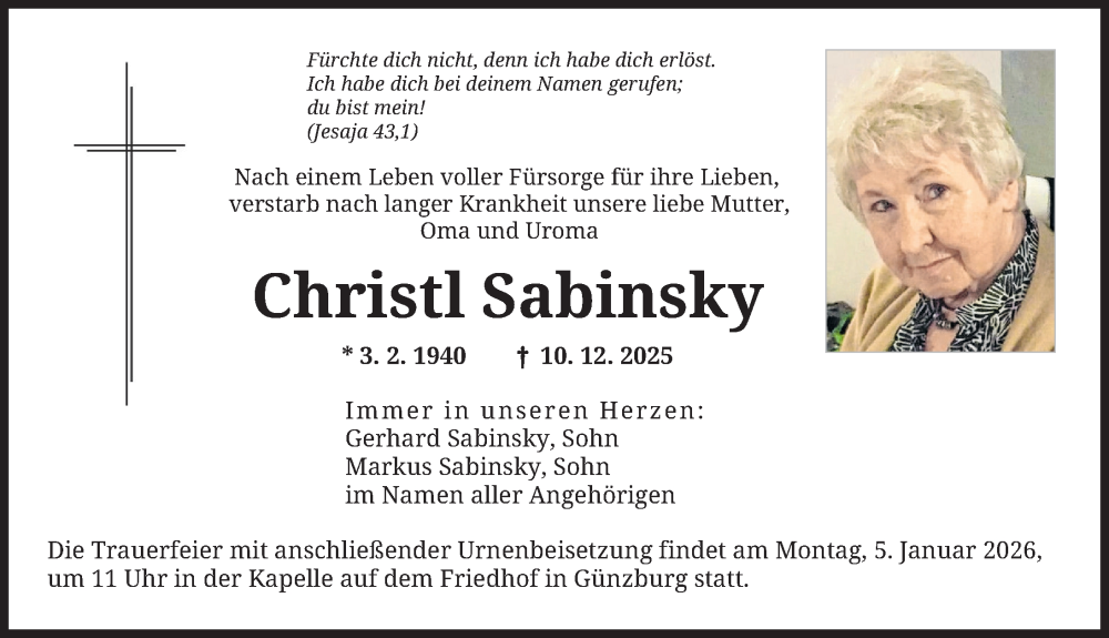 Traueranzeige von Christl Sabinsky von Günzburger Zeitung