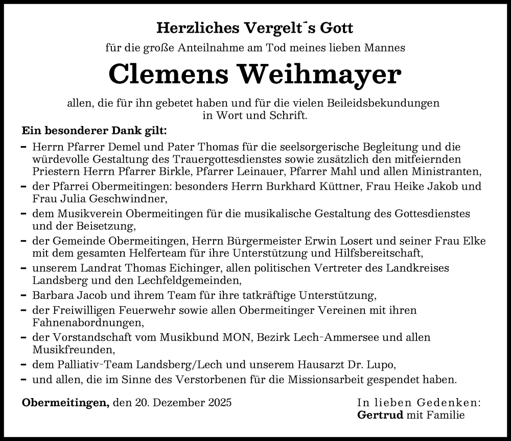 Traueranzeige von Clemens Weihmayer von Landsberger Tagblatt, Schwabmünchner Allgemeine