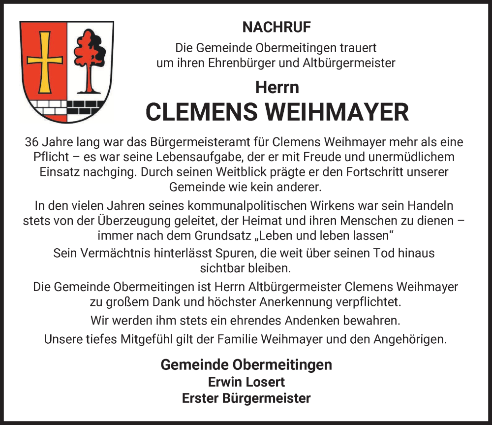 Traueranzeige von Clemens Weihmayer von Landsberger Tagblatt, Schwabmünchner Allgemeine