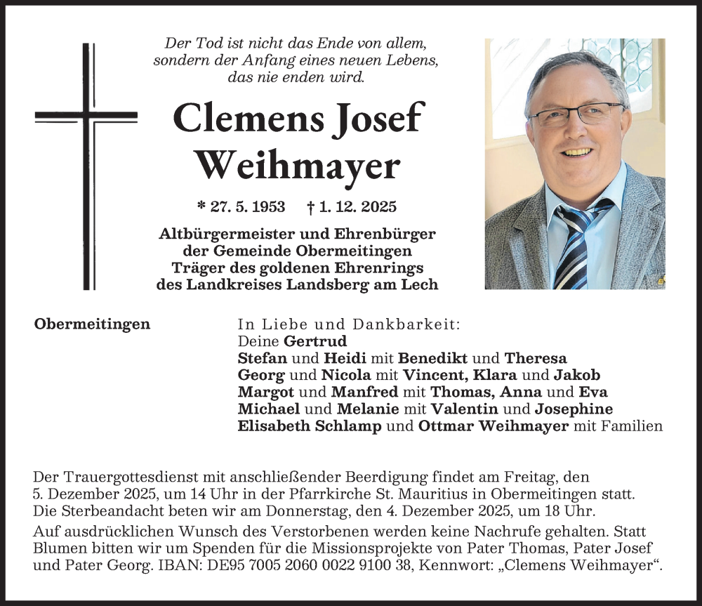  Traueranzeige für Clemens Josef Weihmayer vom 03.12.2025 aus Landsberger Tagblatt, Schwabmünchner Allgemeine