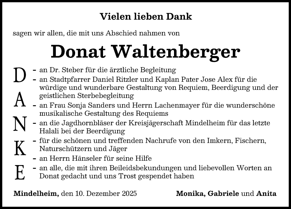  Traueranzeige für Donat Waltenberger vom 10.12.2025 aus Mindelheimer Zeitung