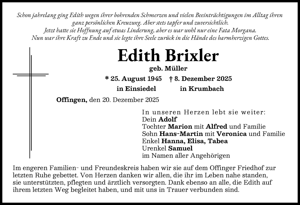 Traueranzeige von Edith Brixler von Günzburger Zeitung