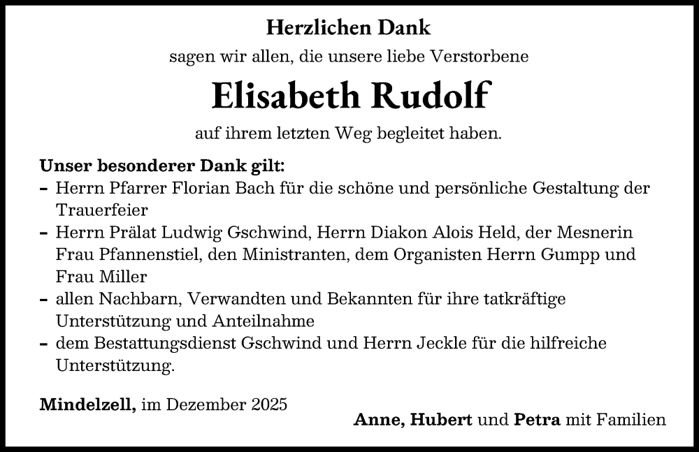 Traueranzeige von Elisabeth Rudolf von Mittelschwäbische Nachrichten