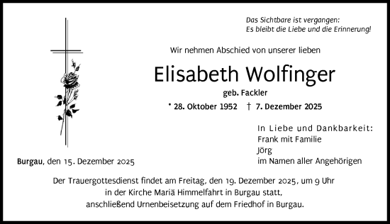 Traueranzeige von Elisabeth Wolfinger von Günzburger Zeitung