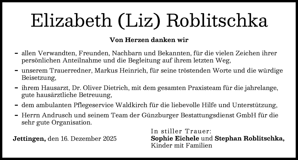  Traueranzeige für Elizabeth Roblitschka vom 16.12.2025 aus Günzburger Zeitung