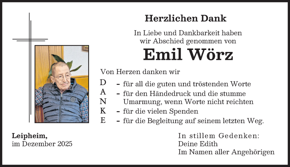  Traueranzeige für Emil Wörz vom 20.12.2025 aus Günzburger Zeitung