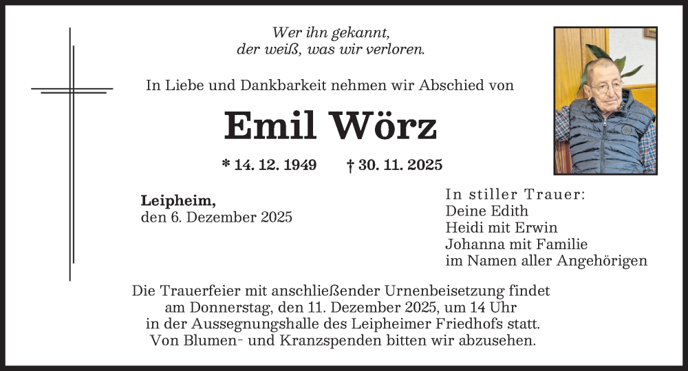  Traueranzeige für Emil Wörz vom 06.12.2025 aus Günzburger Zeitung