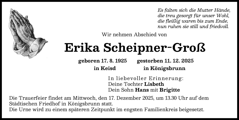 Traueranzeige von Erika Scheipner-Groß von Schwabmünchner Allgemeine