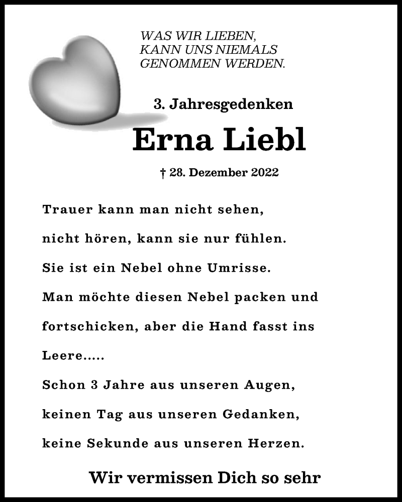  Traueranzeige für Erna Liebl vom 27.12.2025 aus Donau Zeitung