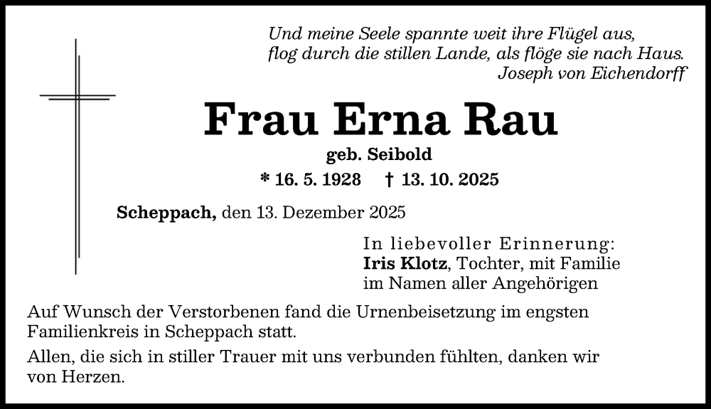 Traueranzeige von Erna Rau von Günzburger Zeitung