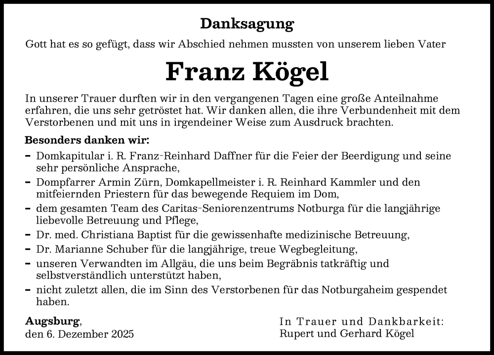  Traueranzeige für Franz Kögel vom 06.12.2025 aus Augsburger Allgemeine