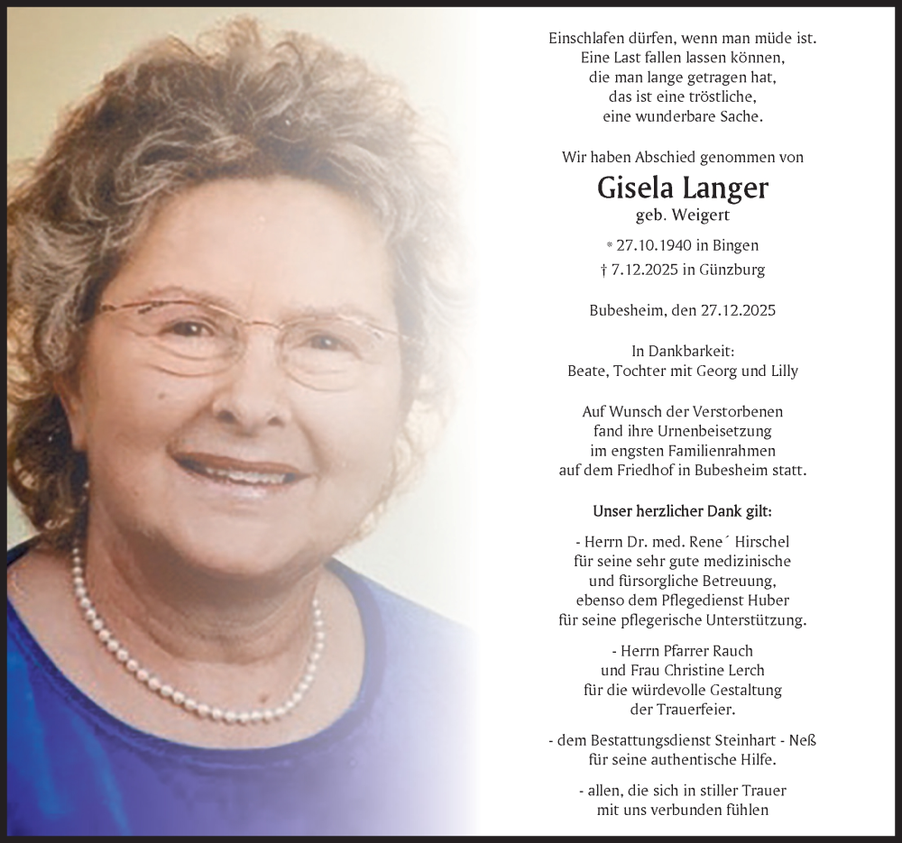 Traueranzeige von Gisela Langer von Günzburger Zeitung