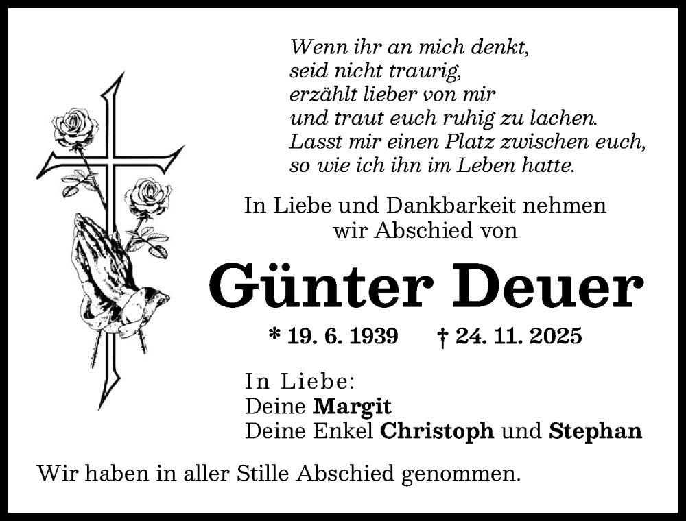 Traueranzeige von Günter Deuer von Schwabmünchner Allgemeine