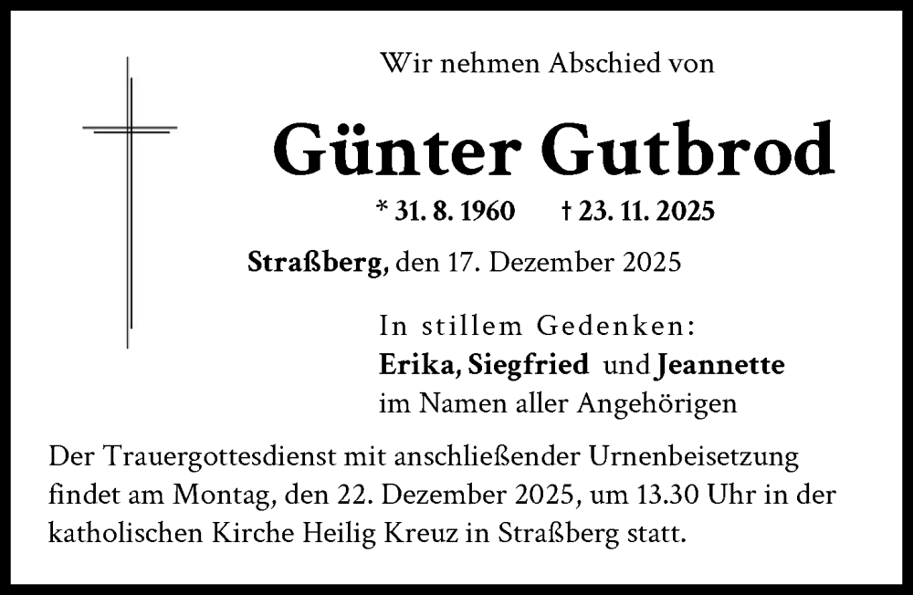 Traueranzeige von Günter Gutbrod von Schwabmünchner Allgemeine