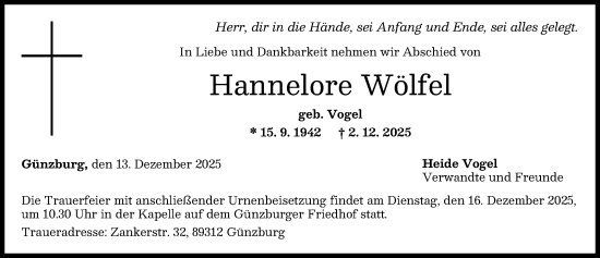Traueranzeige von Hannelore Wölfel von Günzburger Zeitung