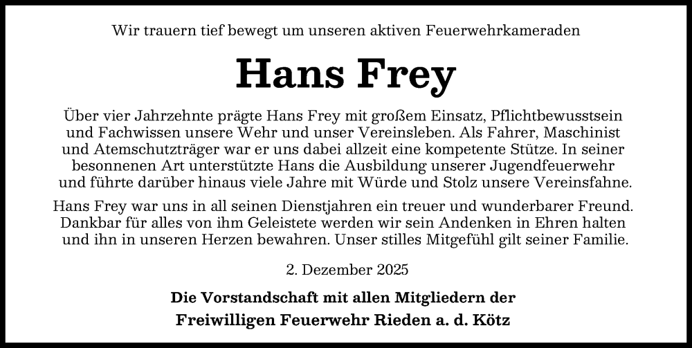 Traueranzeige von Hans Frey von Günzburger Zeitung