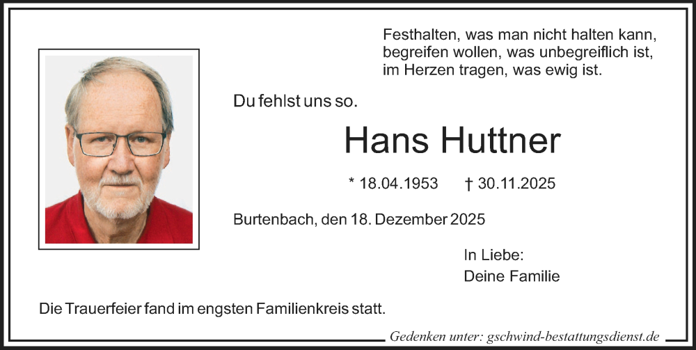 Traueranzeige von Hans Huttner von Günzburger Zeitung