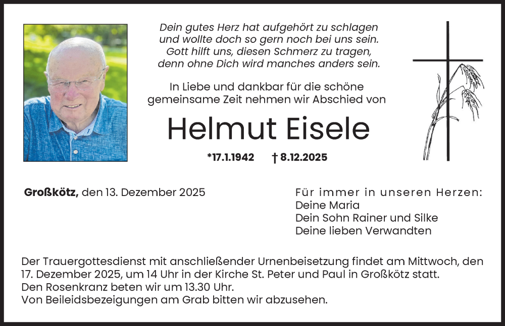  Traueranzeige für Helmut Eisele vom 13.12.2025 aus Günzburger Zeitung