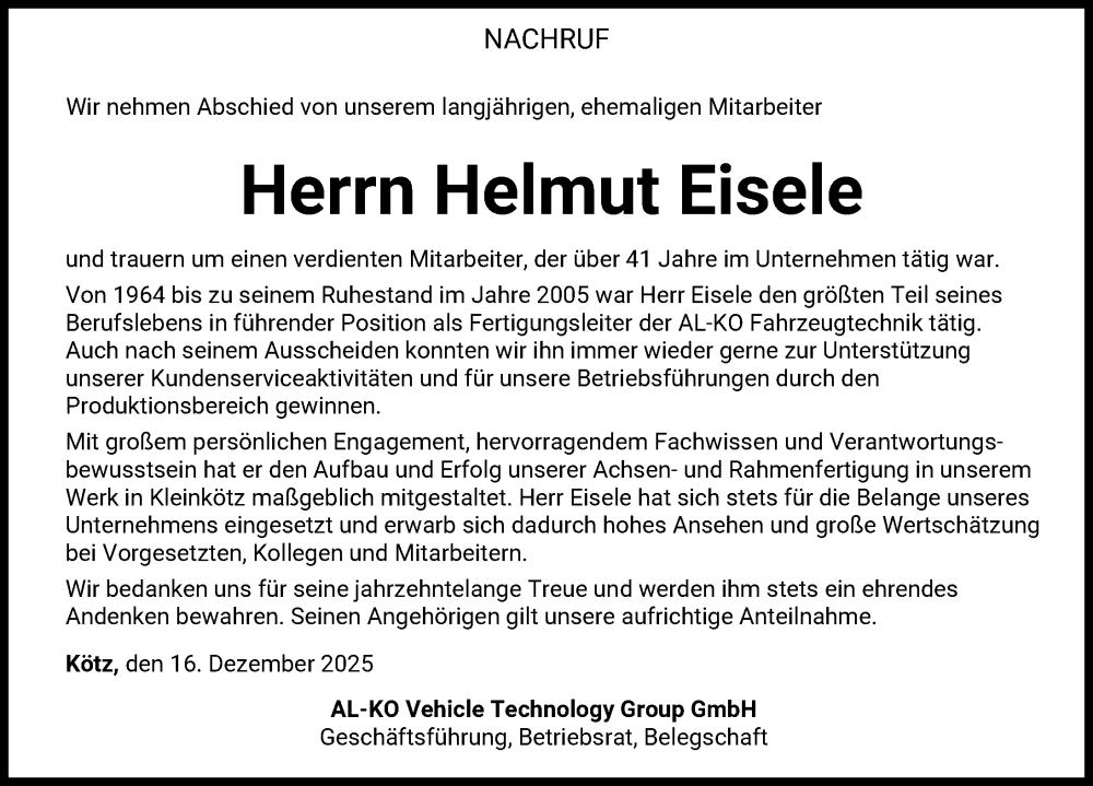  Traueranzeige für Helmut Eisele vom 16.12.2025 aus Günzburger Zeitung