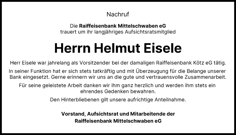  Traueranzeige für Helmut Eisele vom 16.12.2025 aus Günzburger Zeitung