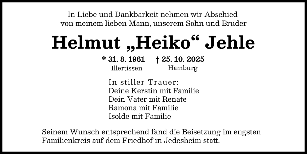  Traueranzeige für Helmut Jehle vom 02.12.2025 aus Illertisser Zeitung