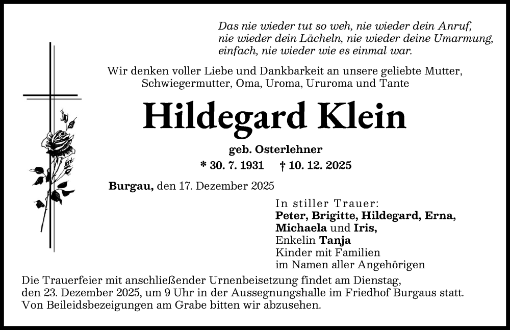 Traueranzeige von Hildegard Klein von Günzburger Zeitung