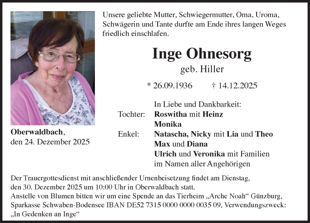 Traueranzeige von Inge Ohnesorg von Günzburger Zeitung