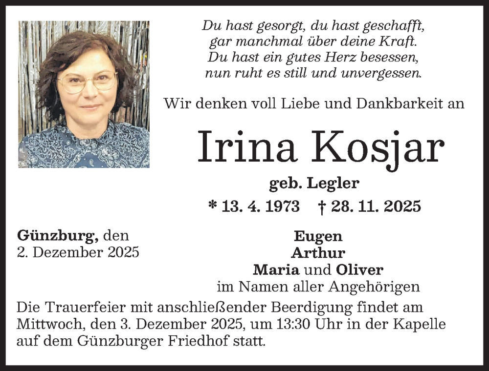  Traueranzeige für Irina Kosjar vom 02.12.2025 aus Günzburger Zeitung