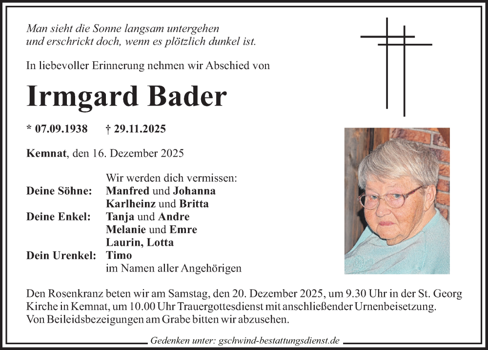 Traueranzeige von Irmgard Bader von Günzburger Zeitung