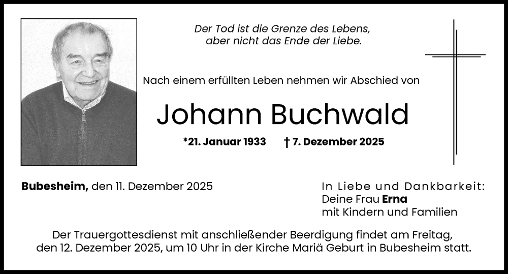  Traueranzeige für Johann Buchwald vom 11.12.2025 aus Günzburger Zeitung