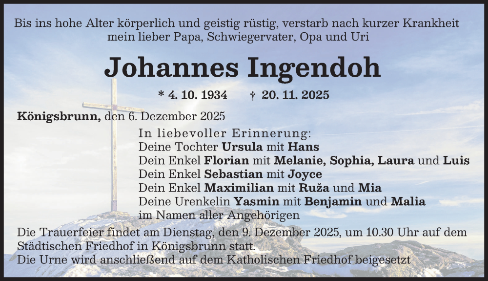 Traueranzeige von Johannes Ingendoh von Schwabmünchner Allgemeine