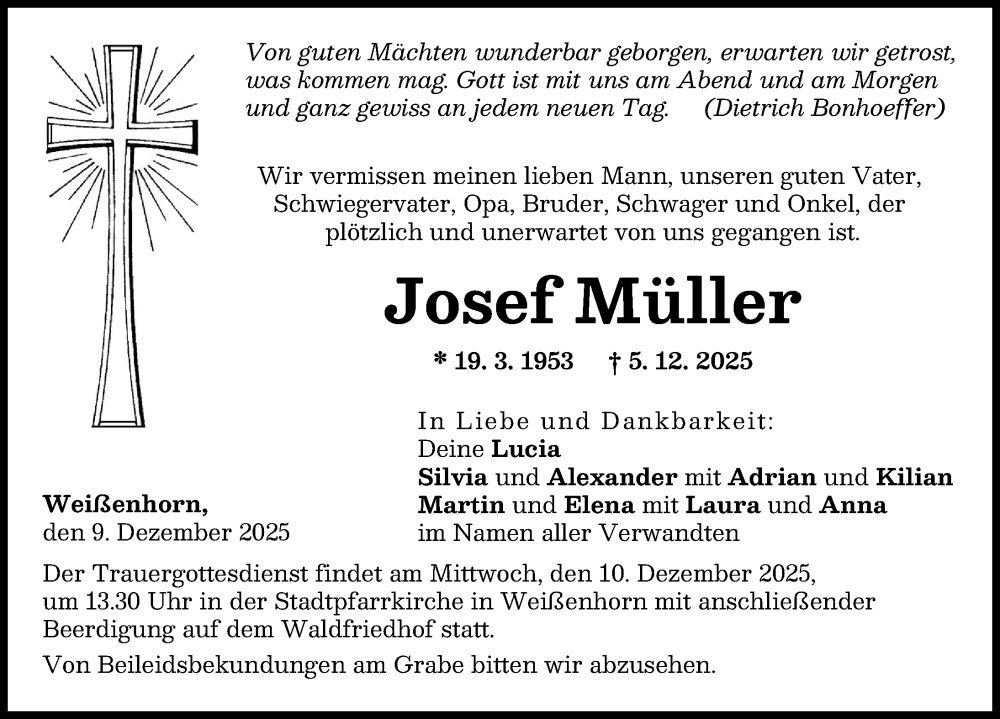  Traueranzeige für Josef Müller vom 09.12.2025 aus Neu-Ulmer Zeitung