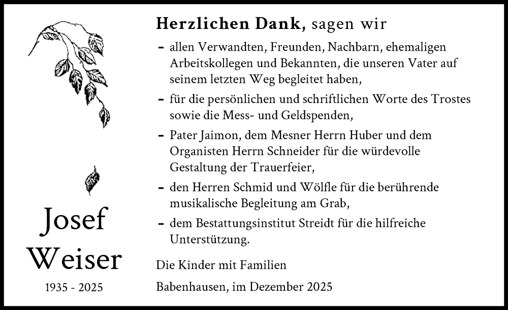  Traueranzeige für Josef Weiser vom 31.12.2025 aus Illertisser Zeitung