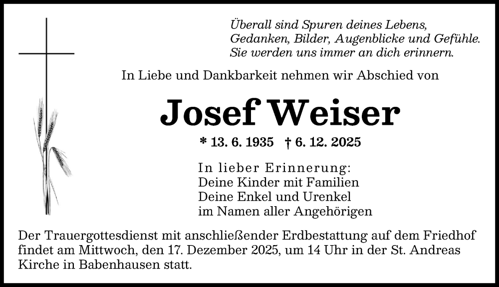  Traueranzeige für Josef Weiser vom 13.12.2025 aus Illertisser Zeitung