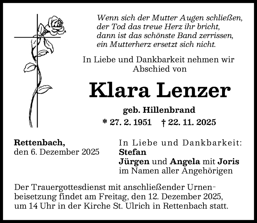 Traueranzeige von Klara Lenzer von Günzburger Zeitung