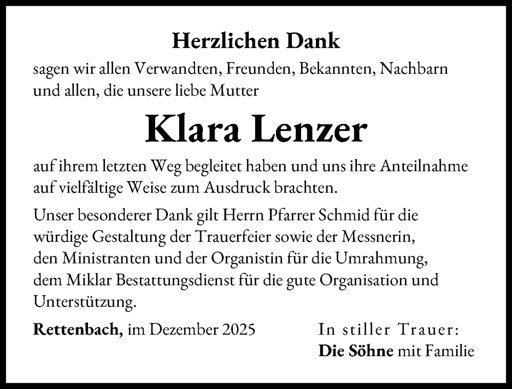 Traueranzeige von Klara Lenzer von Günzburger Zeitung