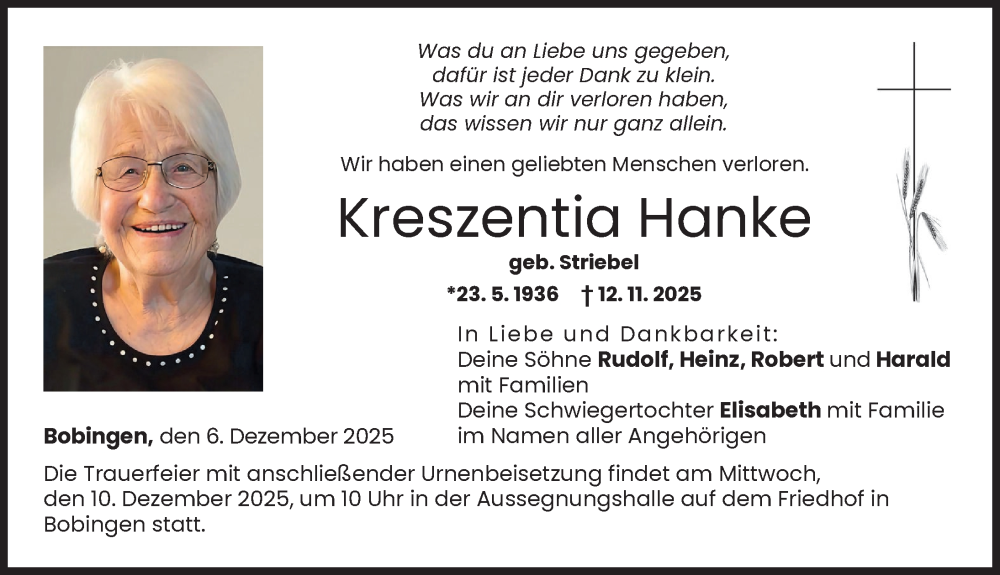 Traueranzeige von Kreszentia Hanke von Schwabmünchner Allgemeine