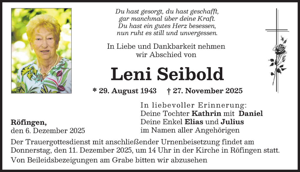 Traueranzeige von Leni Seibold von Günzburger Zeitung