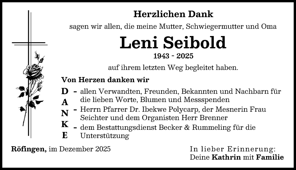 Traueranzeige von Leni Seibold von Günzburger Zeitung