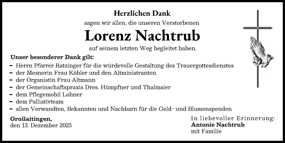 Traueranzeige von Lorenz Nachtrub von Schwabmünchner Allgemeine