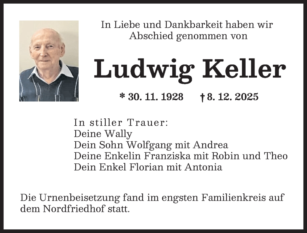  Traueranzeige für Ludwig Keller vom 31.12.2025 aus Augsburger Allgemeine