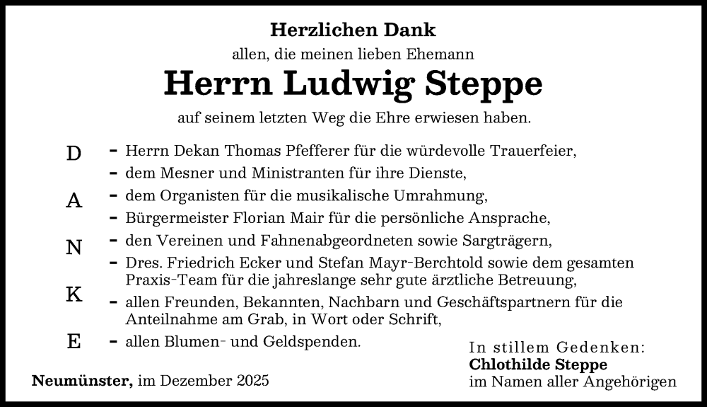 Traueranzeige von Ludwig Steppe von Augsburg-Land