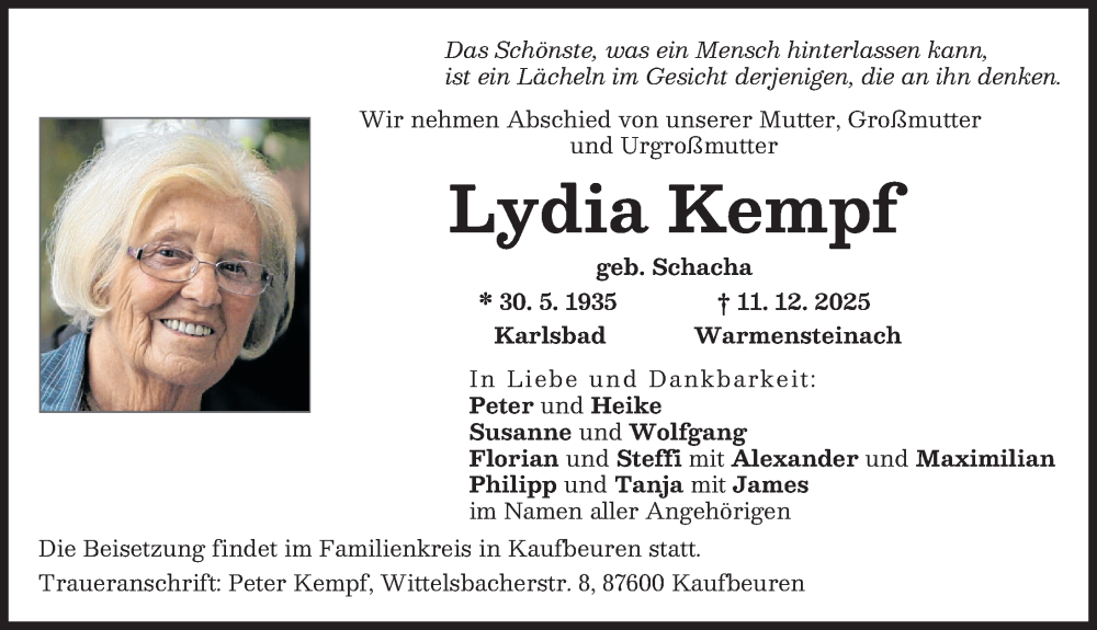  Traueranzeige für Lydia Kempf vom 19.12.2025 aus Donauwörther Zeitung
