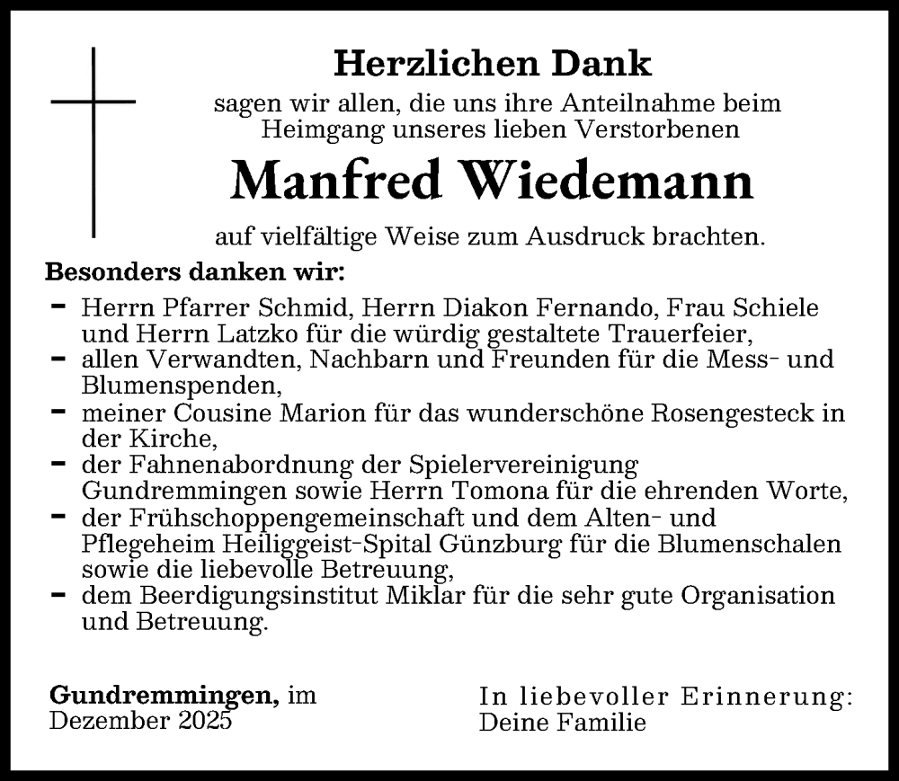 Traueranzeige von Manfred Wiedemann von Günzburger Zeitung