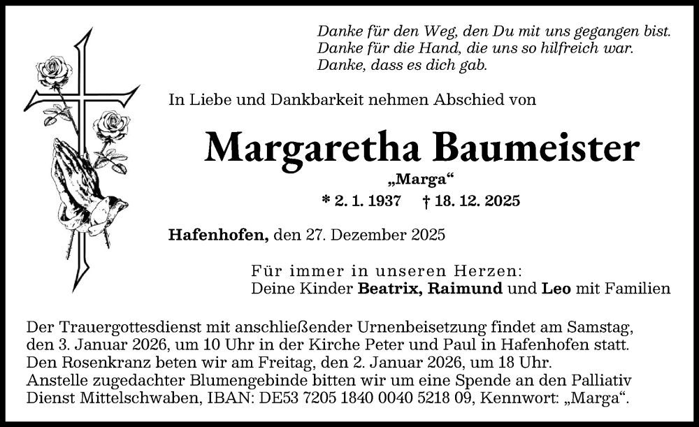 Traueranzeige von Margaretha Baumeister von Günzburger Zeitung